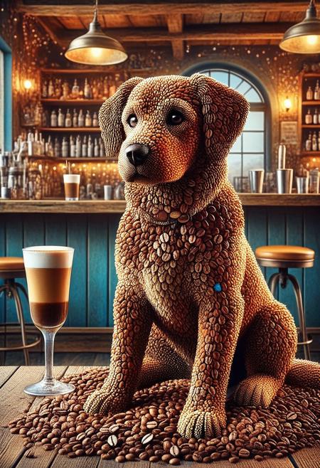 dog, drinks a coffee, sitting at the bar, detailed background, artistic, look at the viewer, rating safe, fantasy background, colorfull, coffee beans
