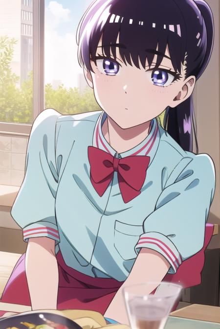 akiratachibana, <lora:akiratachibana-lora-nochekaiser:1>,
akira tachibana, long hair, bangs, black hair, (purple eyes:1.1),
BREAK skirt, shirt, bow, ponytail, short sleeves, puffy sleeves, bowtie, uniform, apron, red bow, blue shirt, waist apron, waitress, employee uniform,
BREAK looking at viewer,
BREAK indoors, classroom,
BREAK <lora:GoodHands-vanilla:1>, (masterpiece:1.2), best quality, high resolution, unity 8k wallpaper, (illustration:0.8), (beautiful detailed eyes:1.6), extremely detailed face, perfect lighting, extremely detailed CG, (perfect hands, perfect anatomy),