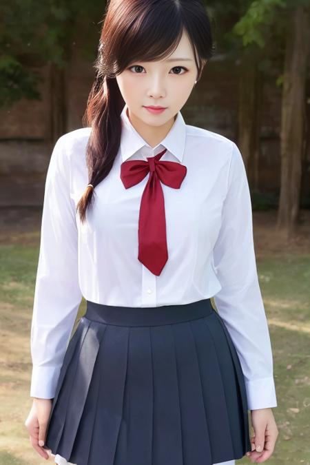 best quality, masterpiece,real,realistic, photo,photorealistic, looking at viewer,1girl,
xiaofu,school uniform,shirt,skirt,long sleeves,neck ribbon, 
<lora:xiaofu_v1_01:0.8>