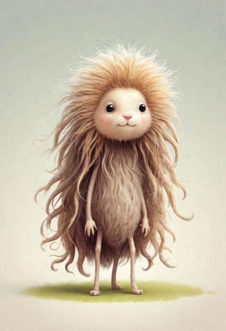 childrens illustration of tiny creatures with long hair and fur, 3 legs, long thin legs, illustration, cute