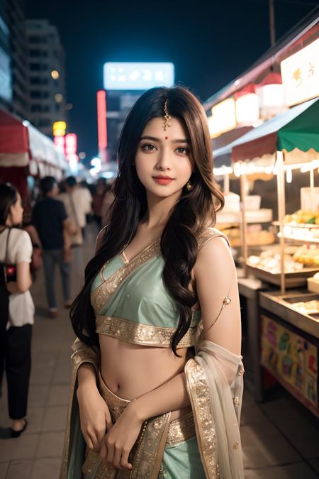 24-28 Years Old bollywood indian female fashion mode,brown skin,dressed Sari,Happy expression on face,at the night market,backlight,extremely realistic,8k,insane details,intricate details,cinematic color graded,Color Grading,Editorial Photography,Photography,sharp focus,taken with a 60mm lens,ISO 300,f/4,1/200th,