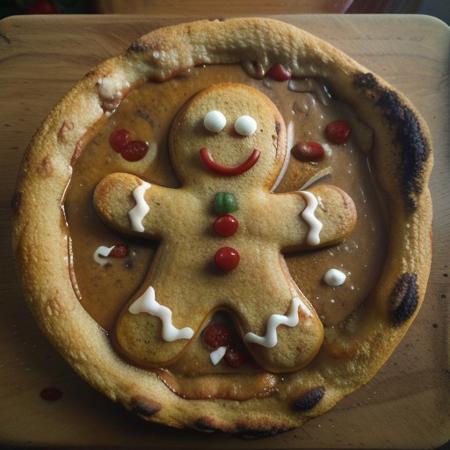 Gingerbread_Man, food, cookie, food focus, no humans, depth of field, moody ambience, spotlight, 
pizza