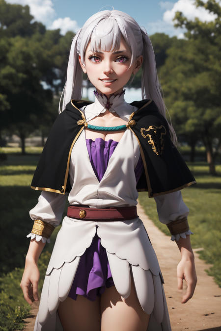 noelle silva, purple eyes, bangs, long hair, twintails, white hair, white dress, long sleeves, black capelet, belt sandals