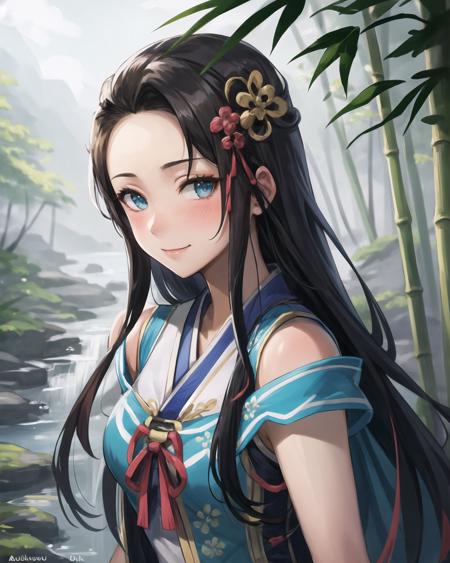 best quality, (masterpiece:1.2), illustration, absurdres,
(1girl, solo), (beautiful detailed girl),
<lora:LadyHayakawa:0.9>, Lady Hayakawa, black hair, long hair,  blue eyes, small breasts, hair ornament,
aqua dress, grey boots,
in bamboo forest, chinese architecture, stream,
looking at viewer, gentle smile, blush,
(lying:1.2), (upper body, portrait),