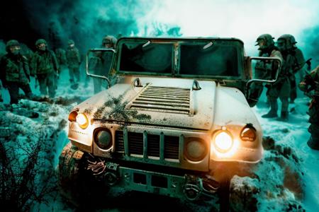 analog gloomy photo of an arctic camo HUMVEE car,  <lora:humv33:1.0>, ((zombie apocalypse:1.2)), ((surrounded by zombies:1.3)), (living dead), ((winter)), ((snow)), (horror movie), ((nighttime)), driving through a decayed city, ruins, dilapidated buildings, ((green fumes)), High Detail, Sharp focus, (photorealism), realistic, best quality, 8k, award winning, dramatic lighting, epic, cinematic, masterpiece, rim light, ambient fog:1.2,