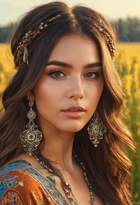 fabulously beautiful girl in hippie style in a field, 
long earrings, 
straight long dark hair, 
tones, 
sharpness, 
clarity, 
fantasy, 
magic, 
magical, 
shine, 
aesthetics, 
beautiful background, 
stunning, 
charming, 
photo portrait, 
masterpiece, 
brilliant, 
high quality, 
trend on artstation, 
sharp focus, 
intricate details, 
fluffy eyelashes, 
photorealism, 
beautiful facial features, 
high detail, 
lots of detail, 
dynamic, 
intricate details, 
bohemian, 
elegant, 
aesthetic, 
contoured, 
realistic, 
beautiful background, 
backlight, 
high quality, 
work of art, 
D&G style, 
hyper-detailed, 
professional, 
filigree, 
haze, 
super-detailed, 
hyperrealism, 
close-up, 
isometric, 
digital art