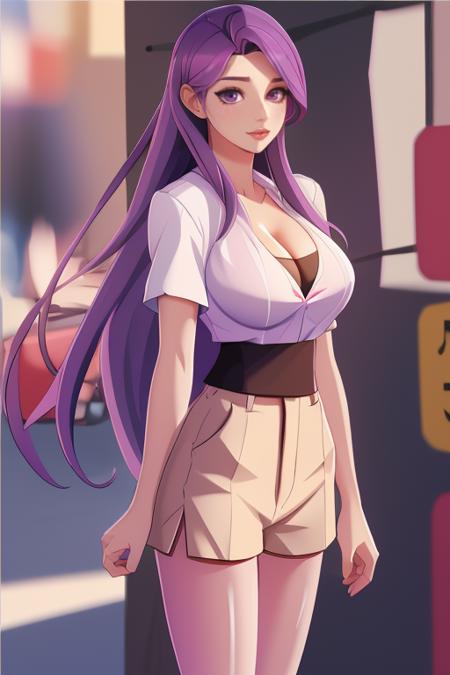 masterpiece,best quality,absurdres,photorealistic,mature female,sagging breasts,<lora:caiyan:0.6>,long_hair,purple_hair,cleavage,white shirt,shorts,