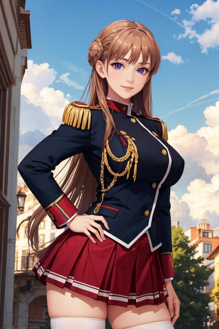 masterpiece, best quality, <lora:nmascot-nvwls-v1-000008:0.8> nmascot, epaulettes, uniform, pleated skirt, thighhighs, large breasts, looking at viewer, upper body, hands at hips, smile, sky, clouds