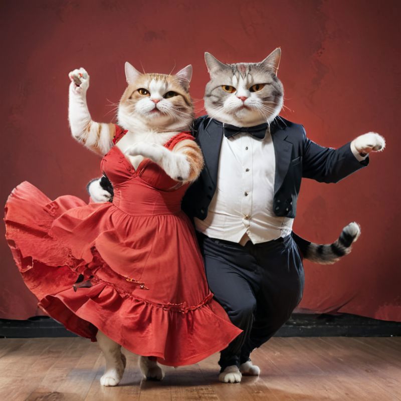 A grey and white cat dressed in a tuxedo and a red and white cat adorned in a dress, dancing together.