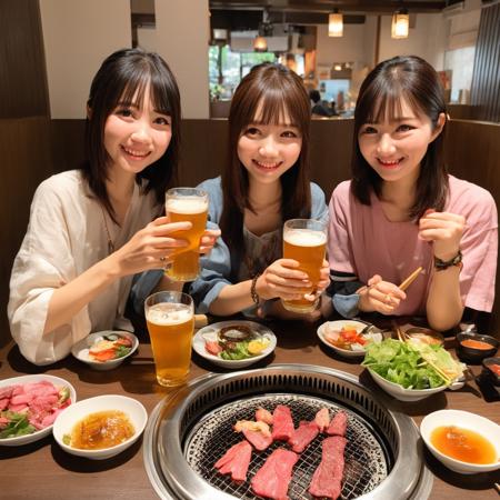 best quality, ultra-detailed, illustration, japanese girl, cute, (shy smile), 
smokeless_roaster, grill, yakiniku, japan, food, cup, multiple girls, 2girls, jewelry, meat, salad, holding, bracelet, black hair, holding cup, eating, plate, alcohol, bowl, restaurant, drinking glass, shirt, indoors, chopsticks, mug, beer, smile, looking at viewer, rice, table, mole, long hair, blurry, beer mug, sitting
 <lora:smokeless_roaster_SDXL_V2:1>