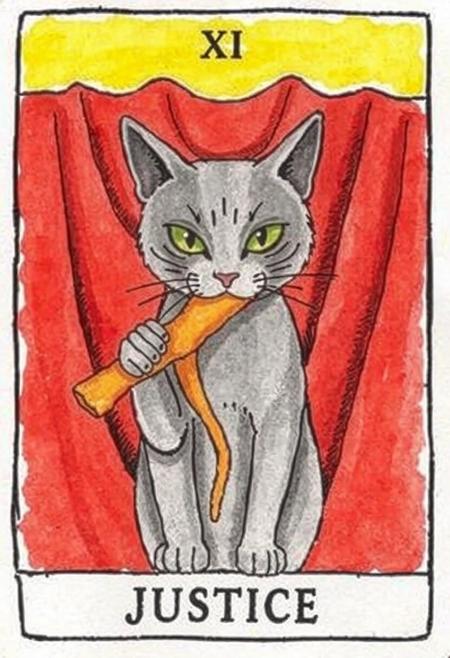 This image depicts a tarot card, specifically the "Justice" card, as indicated by the text at the bottom. The central figure is a gray feline with striking green eyes, holding an orange, somewhat limb-like object firmly in its mouth. The cat's expression appears intense and focused. Behind the feline, a dramatic swathe of deep red drapery forms the background, creating a sense of depth and perhaps solemnity. Above the cat and the drapery, a strip of light yellow is visible, suggesting a sky or a source of light. At the very top of the card, the Roman numeral 'XI' is prominently displayed, signifying its traditional number within the Major Arcana. The artwork has a distinct hand-painted or watercolor feel, with visible brushstrokes and a somewhat stylized, illustrative quality. The overall composition is simple yet impactful, drawing the viewer's eye to the central figure and its action, set against the rich red backdrop.
