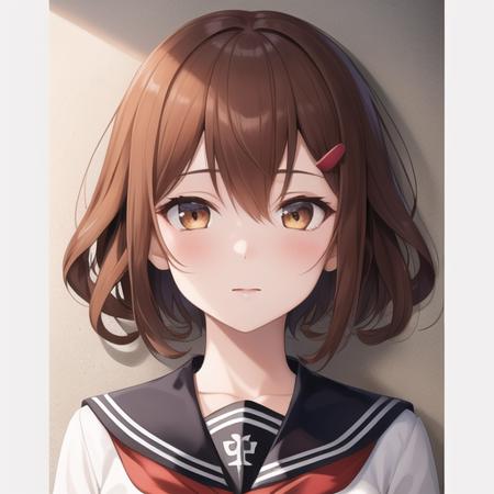 (masterpiece, best quality:1.2),illustration,8k,hd,1girl,solo,upper body,(portrait:1.2),brown_hair,short_hair,hairclip,hair_ornament,brown_eyes,serafuku,school_uniform,red_neckerchief,pleated_skirt,long_sleeves,black_pantyhose,<lora:Ikazuchi>,