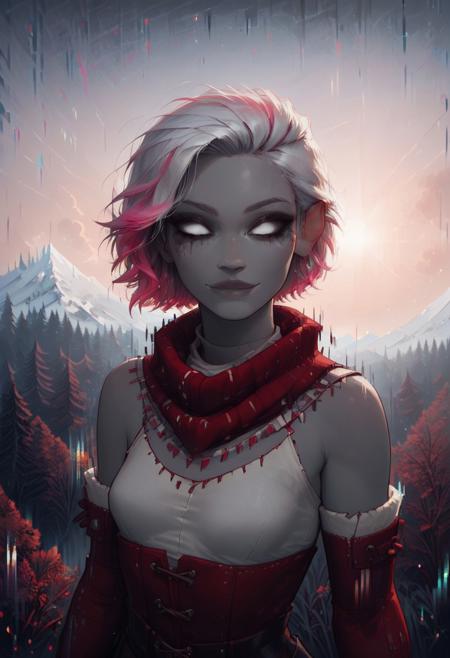 score_9, score_8_up, score_7_up, zPDXL3, 21 years old, 1girl, tribal, Changeling, (gray skin:1.2), white eyes, pink highlights, white hair, dark eyelids, sexy body, (beautiful face:1.1), (small breasts:1.2), dark eye makeup, dark colors, HD, hi-res, (stunning cinematography:1.2), (true emotion:1.2), relaxed, sexy, (perfect composition:1.2), masterpiece, highest detail, god lighting, light particles, soft smile, wide shot, posing, standing against the backdrop of a night sky, photoshoot, backdrop of stunning snow peaks, thigh-high boots, BREAK frost_glass, mountain, forest, snow, winter, golden camera flare in upper right corner, winterland, glowing windows, (glitch, flickering:1.2)