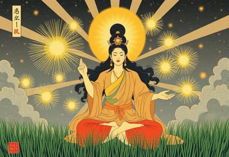 Golden chakras, exploding stars, light emission, fortitude, a powerful woman emerges, green grass,  ukiyo-e woodcut print