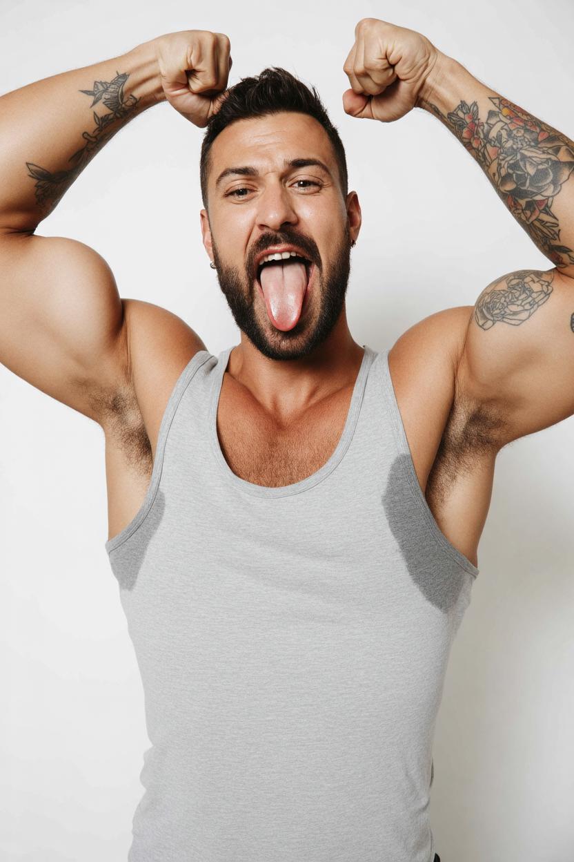 large sweat-spots-smudges on shirt armpit area. photo, A European man with a tattoo on his arm is flexing his bicep while sticking his tongue out. He is wearing a grey tank top with sweat. sweat-spots-smudges on chest and belly. The background is a plain white wall. His arms are flexed and he is making a sexy face. He has a beard and mustache and his arms are covered in tattoos.,, caucasian, upper body, hairy armpits, 1boy, solo, male focus, facial hair, beard, tongue, armpit hair, muscular, tank top, muscular male, tattoo, bara, armpits, tongue out, white tank top, short hair, flexing, arm hair, pectorals, black hair<lora:test\Sweaty_Shirt_sd35_lora_v1_000007800.safetensors:0.61:0.61>