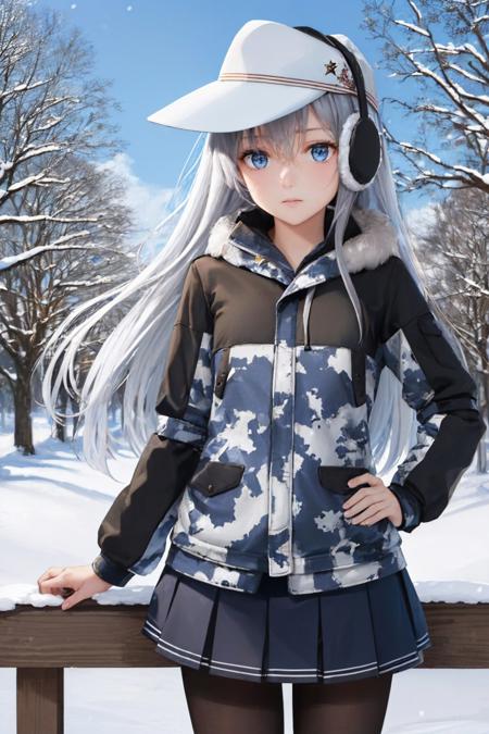 verniy, grey hair, hat, school uniform, white serafuku, long sleeves, skirt, black thighhighs verniysaury, grey hair, white headwear, hat, earmuffs, camouflage jacket, long sleeves, black skirt, black pantyhose