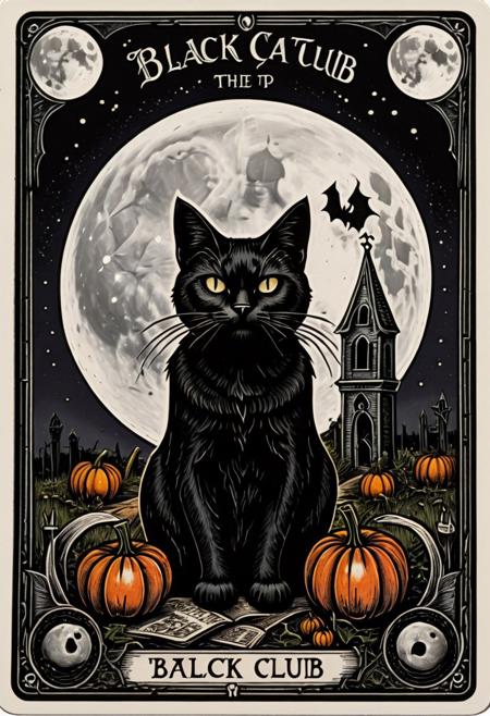 tarot_card Tarot card with the text:"Black Cat Club" at the top. text:"Halloween" at the bottom. a stern-looking Halloween cat with pumpkins and a spell book. gothic graveyard and spooky building in the background. Black sky with a bright moon. bat in front of the moon. . tarot_card, front perspective, flat, frame, white border