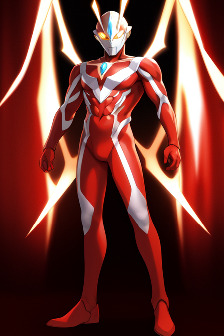 ultramanheisei, solo, red bodysuit, standing, full body, male focus, alien, glowing eyes, clenched hands, looking at viewer, yellow eyes