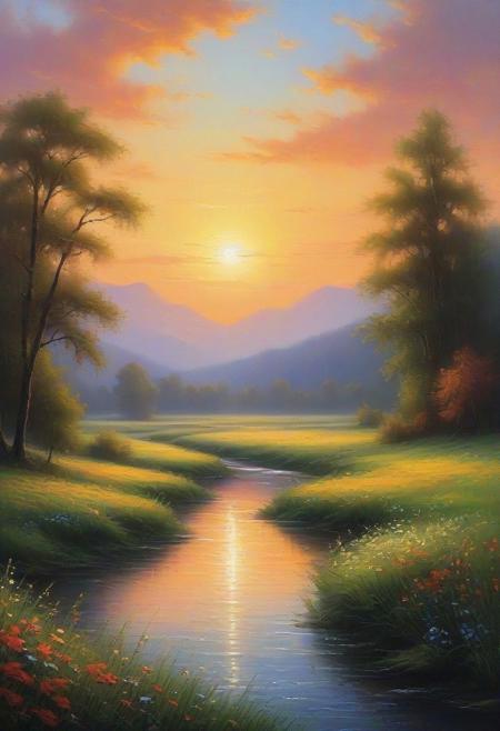 Immerse yourself in a serene masterpiece: a painting capturing the tranquility of a river coursing through a lush green field. This peaceful landscape, rendered in beautiful UHD 4K detail, is a testament to the artistry of nature. The scenery, a vibrant water river flowing amidst a dreamlike field, creates a blissful and detailed painting that resonates with the soul. Inspired by the styles of artists like Dan Mumford and Albert Bierstadt, this artwork basks in the warm hues of a floral sunset, casting a radiant glow across the landscape. It stands as a beautiful painting, a bright and vivid portrayal of the harmonious dance between nature and art. <?<<