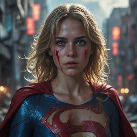 High resolution ultra-realistic of Beautiful bloody Supergirl fighting against alien invasion, cinematic style, standing on a bloody and stormy battle in a destroyed city in a fighting pose, bloody and dirty, realistic blue combat costume, red mini skirt, red cape, perfect athletic figure, wavy blonde hair, handsome bloody face, beautiful perfect detailed pupils, wet oily shiny skin, covered in dirty and blood, beautiful firm Breasts, defiant and seductive, attractive 21 year old Supergirl, 8k resolution concept art portrait by Greg Rutkowski, Kiernan Shipka, Dark Gotham City, Artgerm, WLOP, Alphonse Mucha, dynamic lighting, hyperdetailed, intricately detailed, Splash art trending on Artstation triadic colors, Unreal Engine, 5 volumetric lighting, Cinematic Lighting, intricate, smooth, sharp focus digital painting, Asymmetrical Balance, realistic eyes, ultra detailed atmospheric details, sparkle effects, realistic body proportions, beautiful body Supergirl proportions, complex masterpiece, dramatic atmosphere
