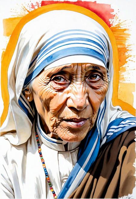 Generate a vibrant and expressive sketch of Mother Teresa with a mixed color palette. Capture the warmth and compassion in her expression, using a blend of subtle and lively colors to convey the depth of her kindness. Place Mother Teresa in a setting that complements the mixed color scheme, allowing the image to evoke a unique and artistic atmosphere. Pay attention to details such as her iconic attire and the gentle lines of her face, using a nuanced approach to color to highlight both her character and the spiritual elements she embodies. Infuse the sketch with a sense of reverence and creativity, respecting Mother Teresa's legacy while exploring a visually dynamic use of mixed colors.