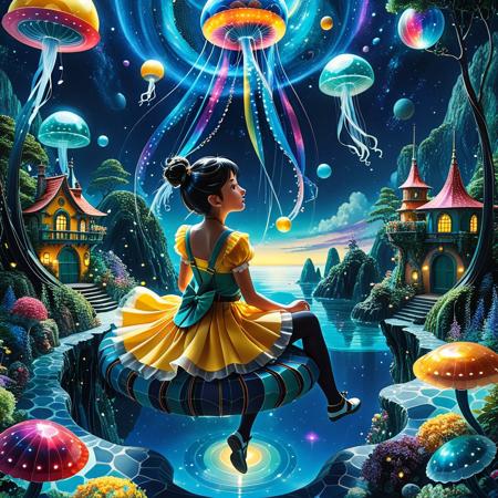 Fractangles, made out of fractangles, Studio Ghibli Dark Fairytale,
Top view, digital illustration, fantasy fairy tale style mixed with 3d paper sculpture art. Use smooth brushstrokes and collage textures, paired with bold colors and shadow blocks. A girl with two round buns and a yellow suspender skirt is sitting in a garden composed of floating islands and rotating planets, with a transparent space jellyfish floating next to her. Frontal perspective, half-body composition, the protagonist looks up at the jellyfish. The light source comes from the stars in the sky, forming a star point projection. The colors are intense and the atmosphere is dreamy. High resolution, rich visual layers, combining fantasy and childlike style, emphasizing the visual effect of mixed materials. ,light_element,Makoto Shinkai,
