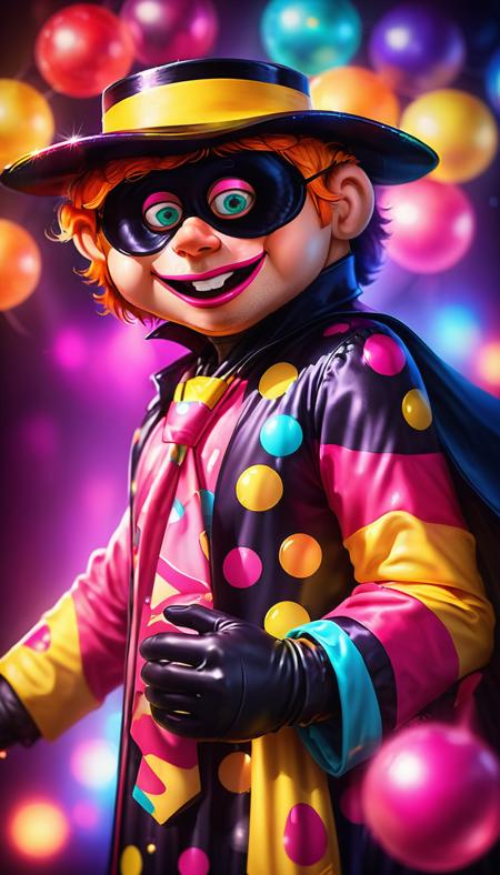 Disco-themed  <lora:HamburglarXL:.8>hamburglar, close up . Vibrant, groovy, retro 70s style, shiny disco balls, neon lights, dance floor, highly detailed