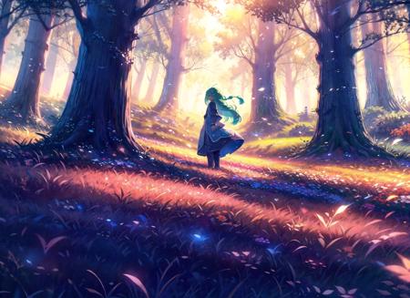 1girl, solo, tree, long hair, nature, forest, scenery, outdoors, field, flower, sunlight, green hair, dress, light rays, grass, very long hair, day, fantasy, flower field, light particles, aqua hair
<lora:vines-pynoiseLoHa:1>