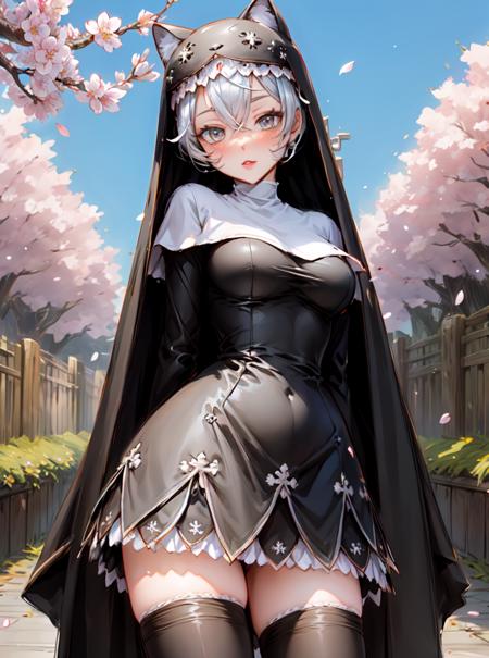 Sistermon Noir,1girl,(solo:1.1),thighhighs,nun,silver hair,breasts,zettai ryouiki,black thighhighs,grey eyes,<lora:ï¼äººç© ä¿®å¥³å½é»ï¼Sistermon Noir:0.8>,STANCE,cherry blossoms,star \(sky\),arms behind back,, (masterpiece), (best quality), HDR, intricate detail,