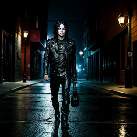 anime artwork of  <lora:The Crow SD1.5:1.2>
Eric Draven The Crow a man walking down a sidewalk with a black leather jacket on in dark city street Graphic Novel Style, anime style, key visual, vibrant, studio anime,  highly detailed