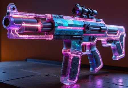 flu0rite, Iridescent laser rifle decorated with fluorite mineral, futuristic, glowing crystal, neon trim, energy glow, cyberpunk, bokeh, metal table, electric sparks