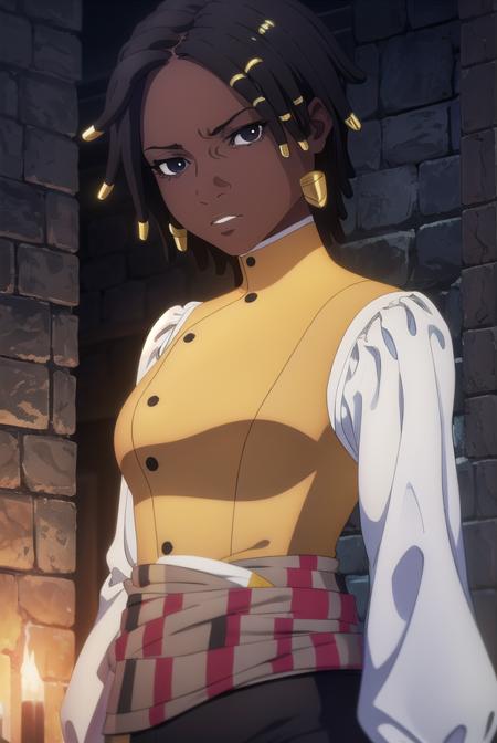 castlevaniaannette, short hair, black hair, dark skin, (black eyes:1.5), dark-skinned female, very dark skin, dreadlocks, shirt, long sleeves, white shirt, belt, pants, vest, black pants, yellow vest,