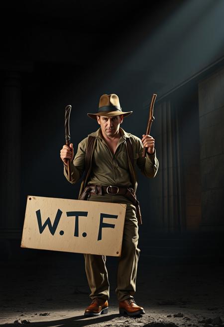 Indiana Jones, standing outside a shadowy, ancient temple with dramatic, high-contrast lighting, holds a sign that reads ‘W.T.F.’ His legendary staff is mysteriously shrunk to a smaller size and tucked away in his pocket. The scene is set in a location that evokes the eerie, labyrinthine atmosphere of Pompeii or the haunted ruins of Agrigento, heightening the sense of danger and intrigue