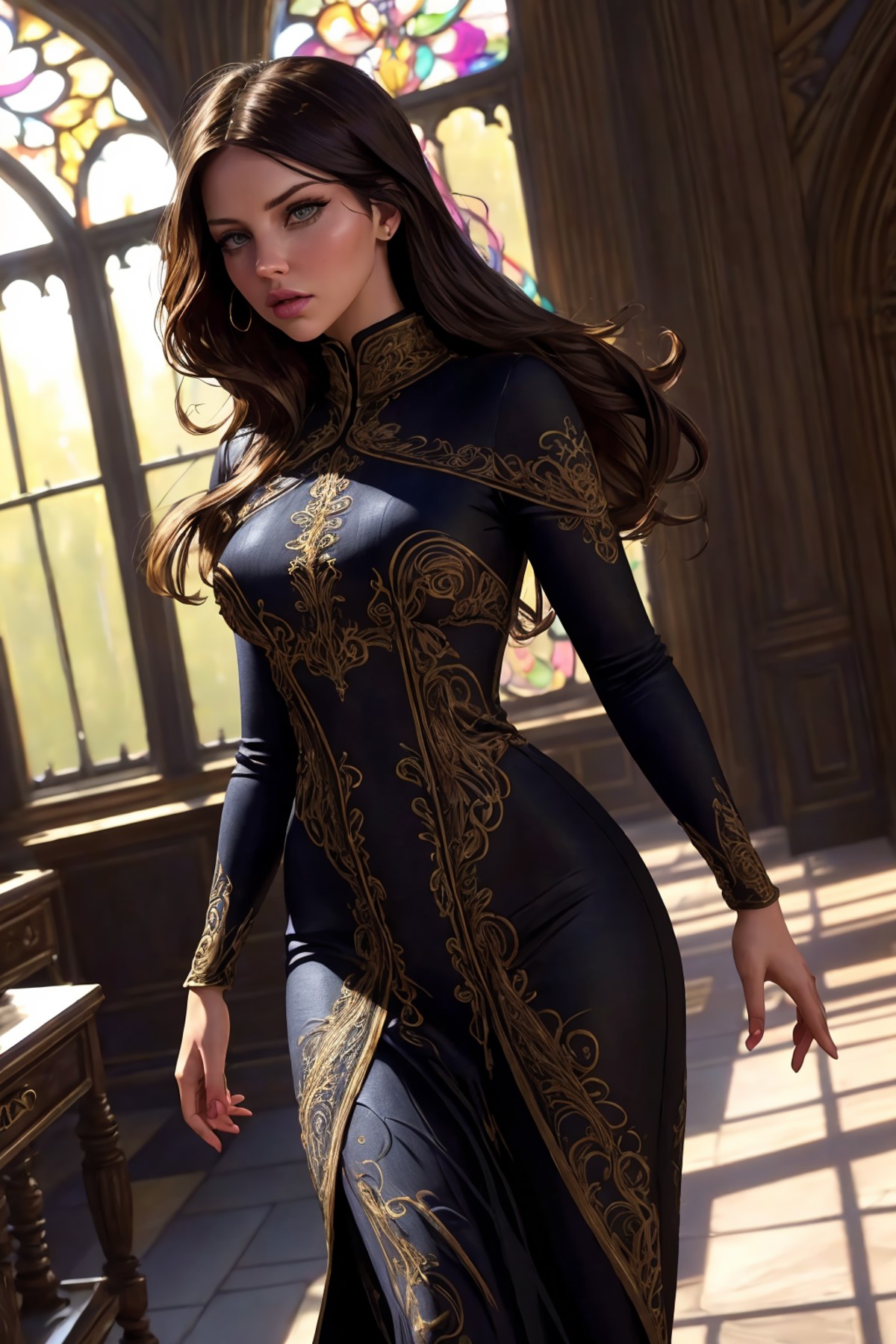 zrpgstyle, EvelynNobodySD15 dark brown layered hair standing in an luxurious stone keep, gothic architecture very bright m...