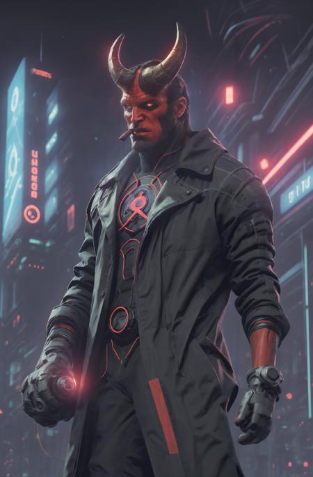 (1boy),muscular hellboy man with giant long horn wears coat jacket,red skin, cut horns,long black hair,cigar in mouth,smoking,yellow eyes, strong jawline,<lora:1ARWhellboy:0.8>,
(,wearing <lora:cyberpunk_overwatch:0.33>),<lora:ClothingAdjuster3:-0.5>,<lora:time_slider_v1:4>,
(solo focus), (upper body), Looking straight at the camera, Apathetic facial expression , middle w ,
cyberpunk,neon,dystopian,futuristic,cable, wires, tube, concrete, neon lights, science fiction,(((masterpiece))), (((best quality))), ((ultra-detailed)), (highly detailed CG illustration), ((an extremely delicate and beautiful)),cinematic light,
background Futuristic dystopian city viewpoint showcasing advanced gene-splicing laboratories, at Pre-dawn, ,
,<lora:tangbohu-line_1:-0.75>,<lora:EnhancedDetail:0.5>,<lora:chromatrex:0.25>,<lora:hikari:0.5>,,,OverallDetail,,<lora:color_temperature_slider_v1:3>,,