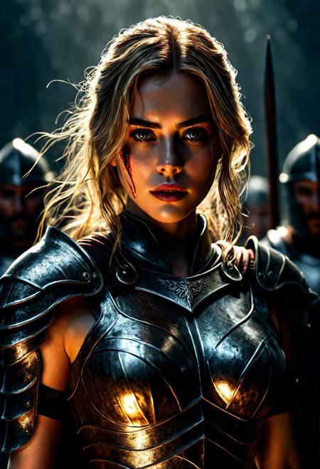 Ultra detailed digital art masterpiece Warrior girl dressed in a iron Armor, Standing on a battlefield at the head of an army of knights, where a bloody slaughter is taking place, standing in battle pose, a dark epic fantasy, perfect lighting, beautiful Kiernan Shipka as Warrior girl, attractive woman, elegant, sinewy athletic body, unreal engine 5 nanite quality, mixed with dark elements, dark environment, very stormy day, clean dark velour witch clothing, LOTR style, dark washed out eyeliner, no make up, natural bloody face, realistic brown eyes, ultra detailed atmospheric details, beautiful glowing effects, sparkle effects, realistic body proportions, beautiful face proportions, complex masterpiece, wavy blonde hair, creative glowing detailed tattoos, complex physics, enhanced colors, complimentary colors, ultra detailed raytracing reflections, Ultra detailed complex background, environment feels alive, direct eye contact, dramatic lighting, wet and sweaty skin, beautiful firm Breasts, Daylight, Concept art portrait by Greg Rutkowski, adding to the intense and dynamic atmosphere of the scene.