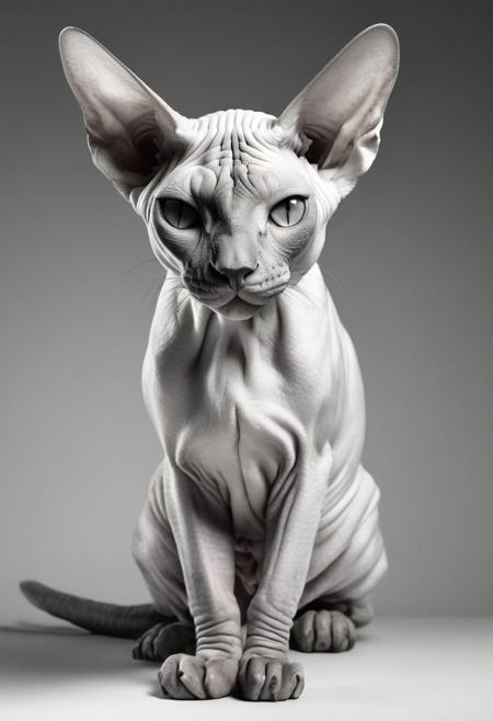 by Helmut Newton, hyper realistic greyscale photo of a pure white sphynx cat,  (monochrome, chiaroscuro, photorealistic, professional, masterful:1.4), hyper detailed, award winning,  limited monochrome palette, extremely high contrast, ivory and black hue,  (intricate details, masterpiece, best quality:1.4),
dramatic cinematic lighting,  wide angle panoramic view, simple black  background, dynamic,