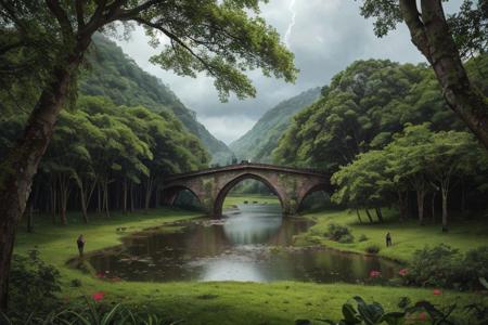 panorama, Feudal landscape, (castle:1.2), grazing meadows, peasants, (Middle Ages:1.1), (perfect symmetry:0.9), highly detailed,  Beautiful lighting, photoreal, 4k, depth of field,
(treehouse:0.9), (atmospheric perspective:0.8),
tropical moist broadleaf forest, floral arch, branch, River, Rain storm
<lora:DETAIL_SLIDER_BY_STABLE_YOGI:1.2>