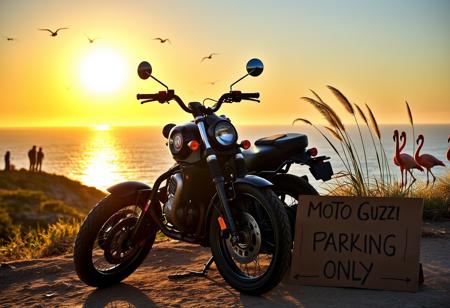 “A twin-cylinder Moto Guzzi motorcycle is parked along the scenic coast of Santa Barbara at sunset. The bike sits proudly on a cliffside overlooking the ocean, with a golden sunburst casting a warm glow across the sky. Seabirds glide above the serene blue waters, and a small group of people stands nearby, their silhouettes softly illuminated by the setting sun. Off to the side, a couple of flamingos stand near tall grasses swaying in the breeze. A weathered cardboard sign is propped up next to the bike, with the words ‘MOTO GUZZI PARKING ONLY’ handwritten on it, adding a touch of personality to the scene.”