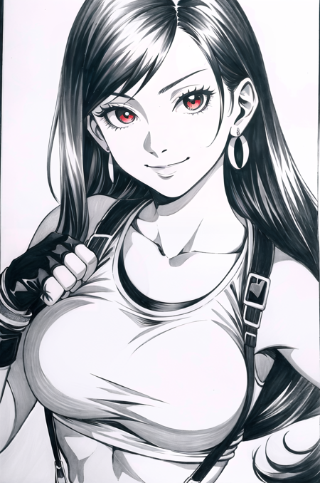 artgerm, masterpiece, extremely detailed, 1girl, tifa lockhart, bare shoulders, fingerless gloves, breasts, brown hair, clenched hand, closed mouth, collarbone, earrings, jewelry, large breasts, looking at viewer, red eyes, shirt, smile, solo, suspenders, swept bangs, tank top, taut clothes, taut shirt, traditional media, upper body, white tank top  <lora:stanley_lau_artgerm:1> <lora:tifa_lockhart_offset:0.6>