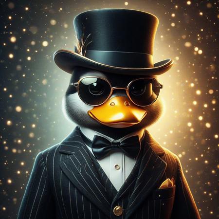 digital painting of a modern edge cute duck in suit and bowtie, top hat and cutting edge sunglasses,  entirely made of retro sophistication texture, whimsical and magical atmosphere, soft lighting, highly detailed and stylized, concept art for a vintage charm-themed universe