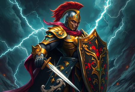 A breathtaking dark fantasy digital illustration, trending on ArtstationHQ, depicting a formidable knight in a dynamic action pose. The knight stands resolute, imbued with vivid emotions, against a tempestuous, stormy sky. His intricately designed armor, a striking blend of dominant gold and black with splashes of vibrant red and deep green accents, gleams with a Grammer Effect Style finish. The helmet, with its articulated visor and an opulent plume, enhances his regal bearing. A powerful, gleaming sword is held firmly in his right hand, reflecting the stormy light, while a ready shield protects his left. His stance is one of profound readiness, poised for a joyous impact and a powerful message. The background is a chaotic, dramatic stormy sky, abundant with swirling clouds and explosive lightning bolts, heralding an intense storm. This high-res, 4K image showcases exceptional quality with more detail, sharp lines, and masterful brush strokes, like a beautiful matte painting. The stunning, harmonious, multi-colored palette and contemporary aesthetics are meticulously handcrafted with precision. The impeccable composition, with a creative angle and attractive background, ensures intentional focus and a well-timed moment, embracing the golden ratio. Rendered with Houdini Style, this piece features super detailed face, eyes, and clothes, and elements of Splash Ink Illustration for dramatic effect. No discernible text.