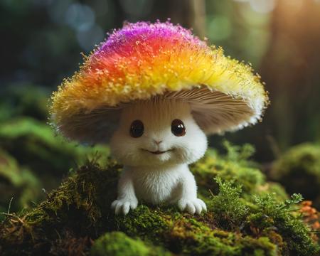 A photo of a rainbow colored smiling fluffy cute mushroom-boy on a moss covered branch, backlit, translucent, glow hyper realistic, natural soft rim light, cinematic lighting, concept art by arti stincent<lora:add-detail-xl:1> <lora:MJ52:0.5>