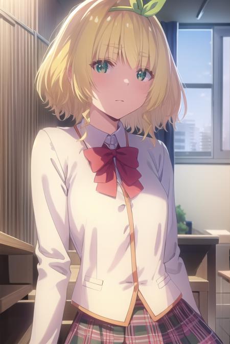 yuikakoga, <lora:yuika koga s1-lora-nochekaiser:1>,
yuika koga, short hair, blonde hair, (green eyes:1.3), hair ribbon, hairband, green ribbon,
BREAK skirt, shirt, school uniform, white shirt, plaid, plaid skirt, green skirt,
BREAK indoors, classroom,
BREAK looking at viewer,
BREAK <lyco:GoodHands-beta2:1>, (masterpiece:1.2), best quality, high resolution, unity 8k wallpaper, (illustration:0.8), (beautiful detailed eyes:1.6), extremely detailed face, perfect lighting, extremely detailed CG, (perfect hands, perfect anatomy),