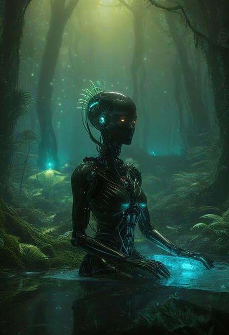 Ultrarealistic. sharp focus, dynamic lighting. play of light, reflection, refraction, Raytracing, Ultra detailed. Alien themed. Alien scenery. alien scenery background. alienworld. A gorgeous female robot in an alien forest. surrounded by ice.enchanting, cosmic, celestial, ethereal, vibrant flora, magical, luminous, serene, dreamy, radiant, bioluminescent, intricate details, surreal, enchanted forest