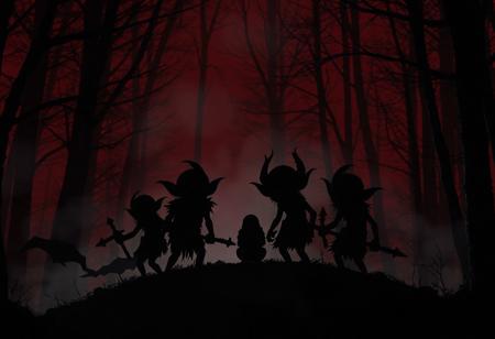 Score_9_up, Score_8_up, Score_7_up, (Masterpiece, Best_Quality, Highest_Resolution, 
Extremely_Detailed, group of 5Goblin, silhouette, ultra detailed, around 1human, cute, detailed, small, silhouette, in a forest, dark red night, fine fog, enpowering contrast, low angle shot, background, goblin village, .
Natural light, slight post-processing, contrast boost, neutral tone grading. dark fantasy,