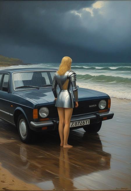 a woman wearing plate armor is washing a car in heavy rain at seashore, blond hair, 
deep shadows enhancing mysterious atmosphere,  dim light, (oil painting:1.5), (by rene magritte :0.9), (by Paul Cezanne:0.7), (by Francisco Jose de Goya:0.7), directional lighting, masterpiece, perfect composition, abstract glitch, long shot, looking away, masterpiece,best quality,very aesthetic, absurdres,