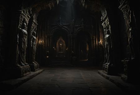 Inside a large, broad, wide, and dark dungeon chamber, two stories tall. In the distant corners are darkness and eyes sparkle back. Stairs, chest, statue, door. Solid ceiling.
Dungeon, dark, chiaroscuro, low-key, realism, photograph, crisp, very dim lighting, expansive.
Masterpiece, Award-winning, cinematic still, immersive depth, sharp details, high resolution, highly detailed, high definition, photorealistic, 8K ultra-realistic, attention to detail, hyper-realistic, expansive composition, cinematic high-resolution render, photorealistic, crisp textures.