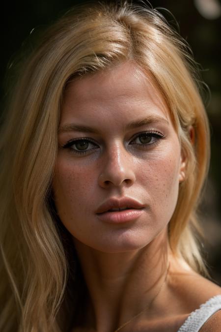 Realistic photo of a beautiful br1g1tt3-v2 woman,  1girl, solo, long hair, looking at viewer, blonde hair, black eyes, lips, portrait, close-up, freckles, realistic, soft lighting, professional Photography, Photorealistic, detailed, RAW, analog, sharp focus, 8k, HD, DSLR, high quality, Fujifilm XT3, film grain, award winning, masterpiece<lora:br1g1tt3-v2:1.0>