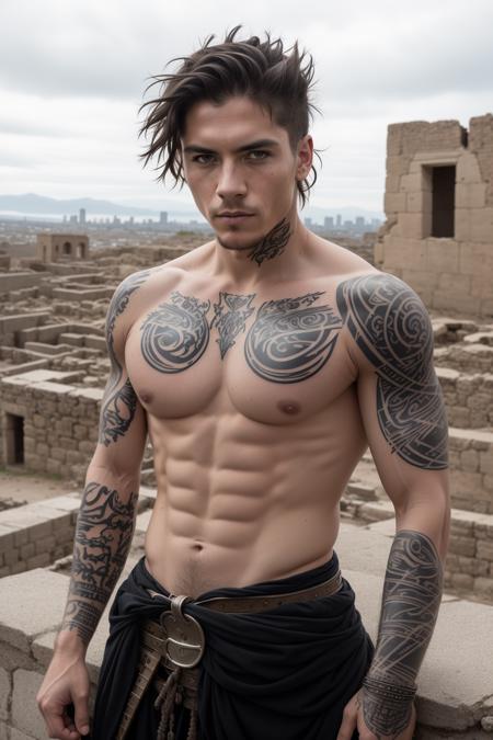 RAW photo, photography, photorealistic, Bold RAW photo of a man in ancient armor , on a city ruins. he has an intense look, detailed skin, (with highly detailed tattoos:1.1), finely eyes. The shot is taken on a professional camera with a shallow depth of field, creating a natural and raw feel. The lighting is soft and adds to the mysterious atmosphere of the scene. The image is highly detailed, cinematic